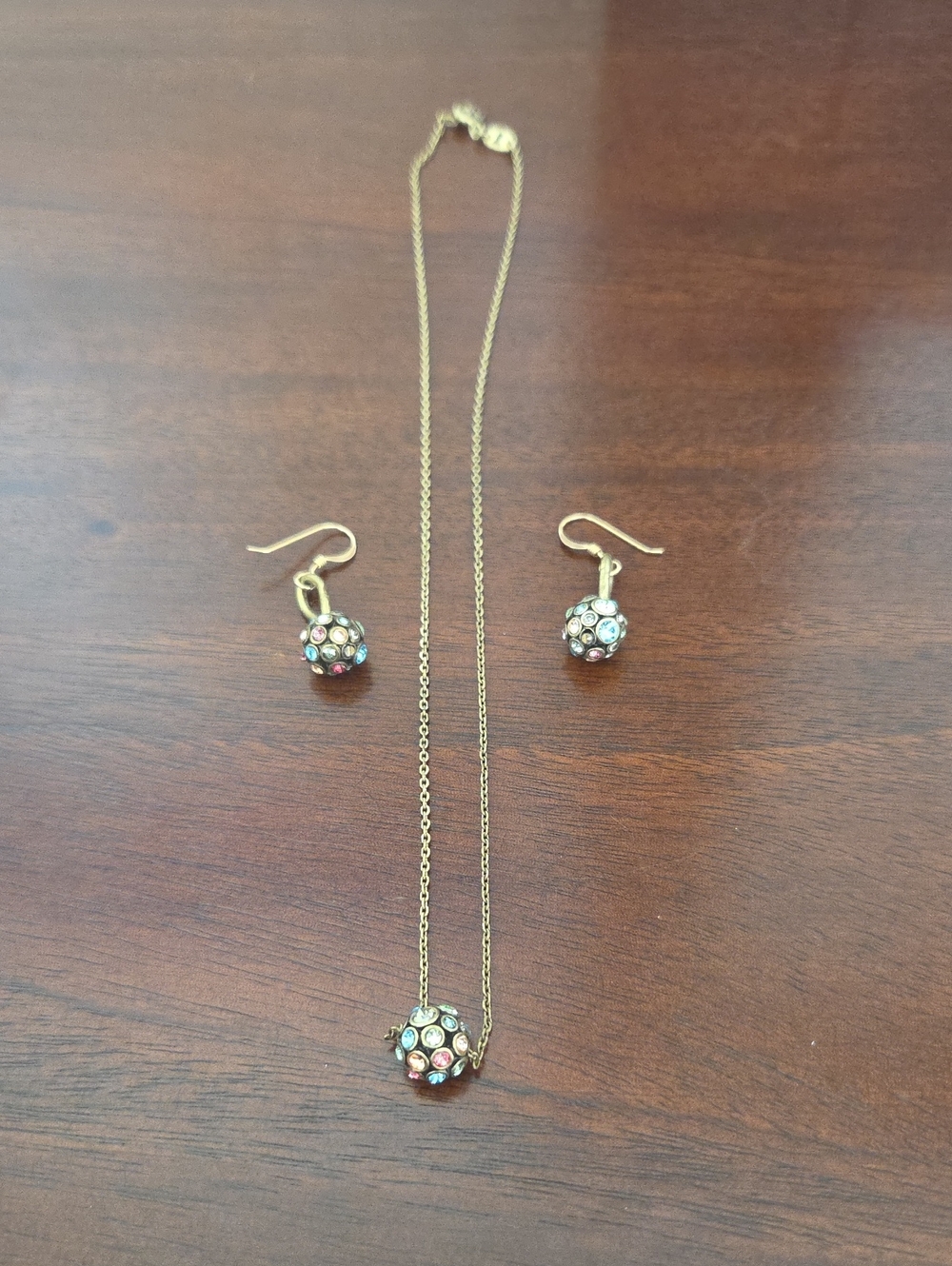 Gold-Tone Multicolor Crystal Ball Necklace with Matching Earrings